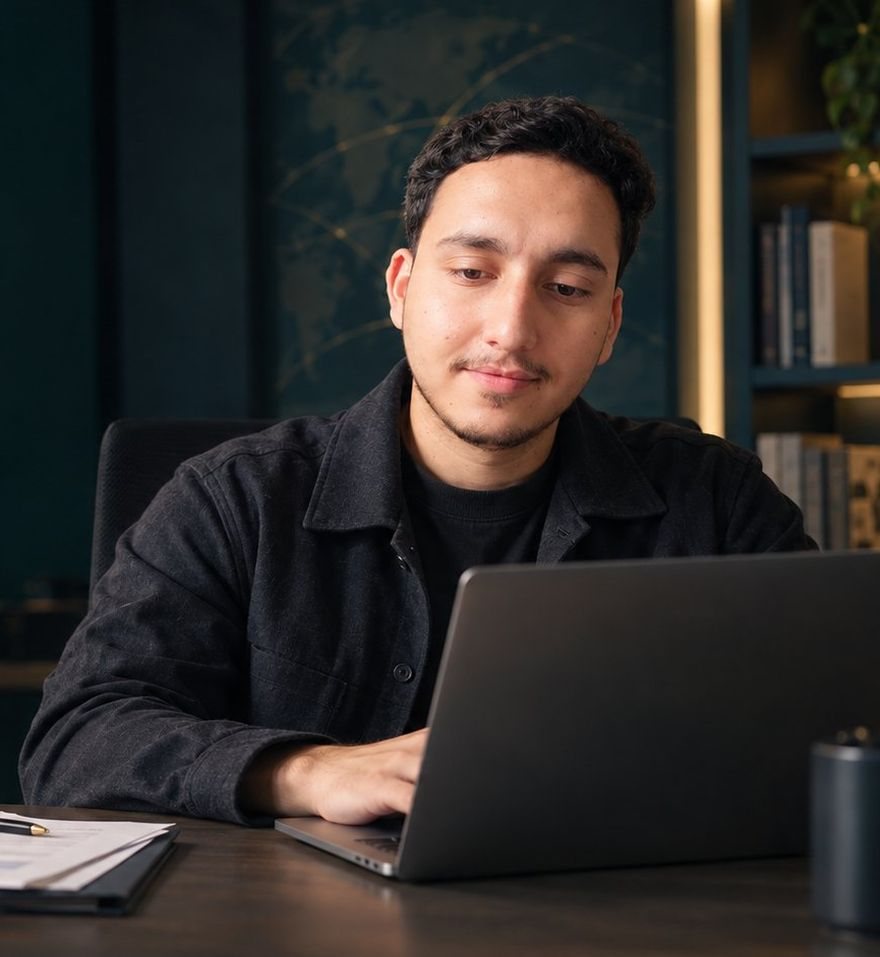 A BlueZone student adviser working on a laptop in a modern office